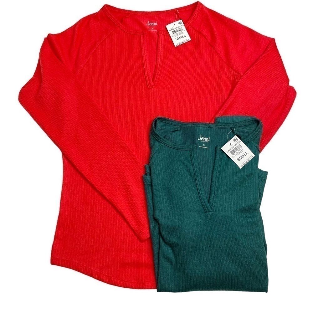 Jenni Split Neck Ribbed Pajama Top Bundle Papaya Punch Red June Bug Green Small - Picture 1 of 11